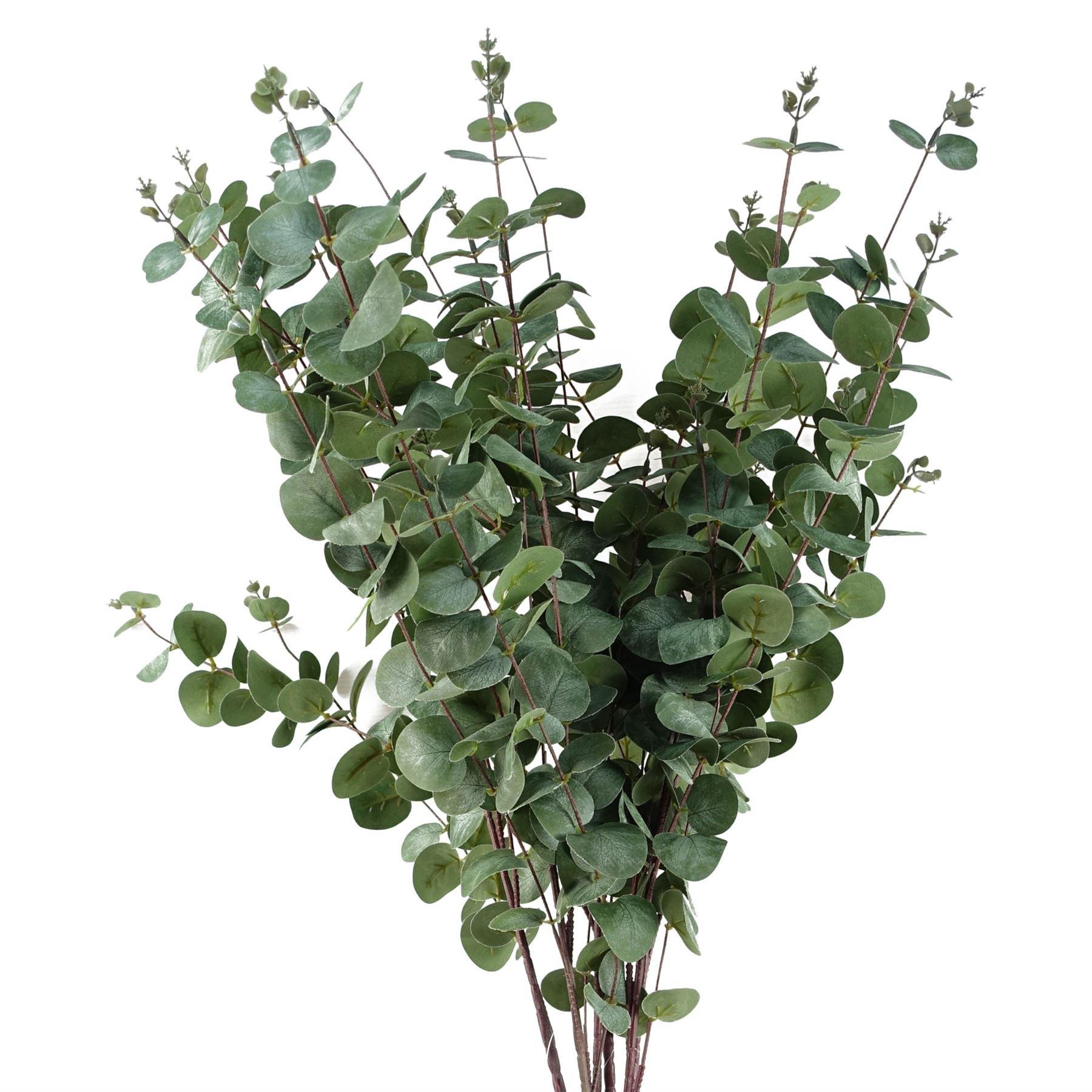 Artificial eucalyptus foliage featuring lush green leaves on slender brown stems, measuring 6 x 100 cm, perfect for home decor or floral arrangements.
