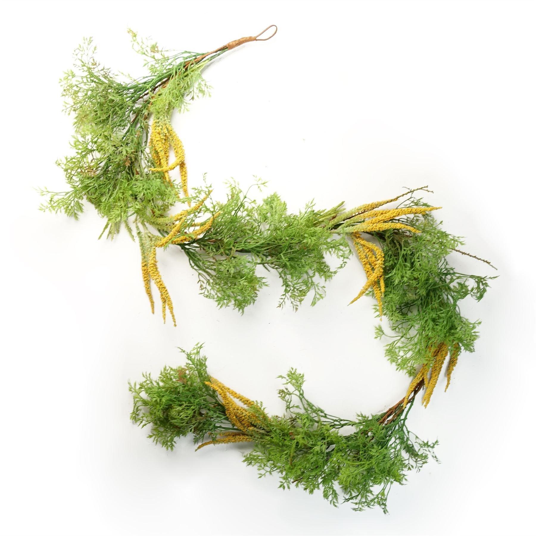 Vibrant yellow amaranthus flowers and lush green foliage create a 180cm artificial hanging garland, perfect for decorative arrangements.