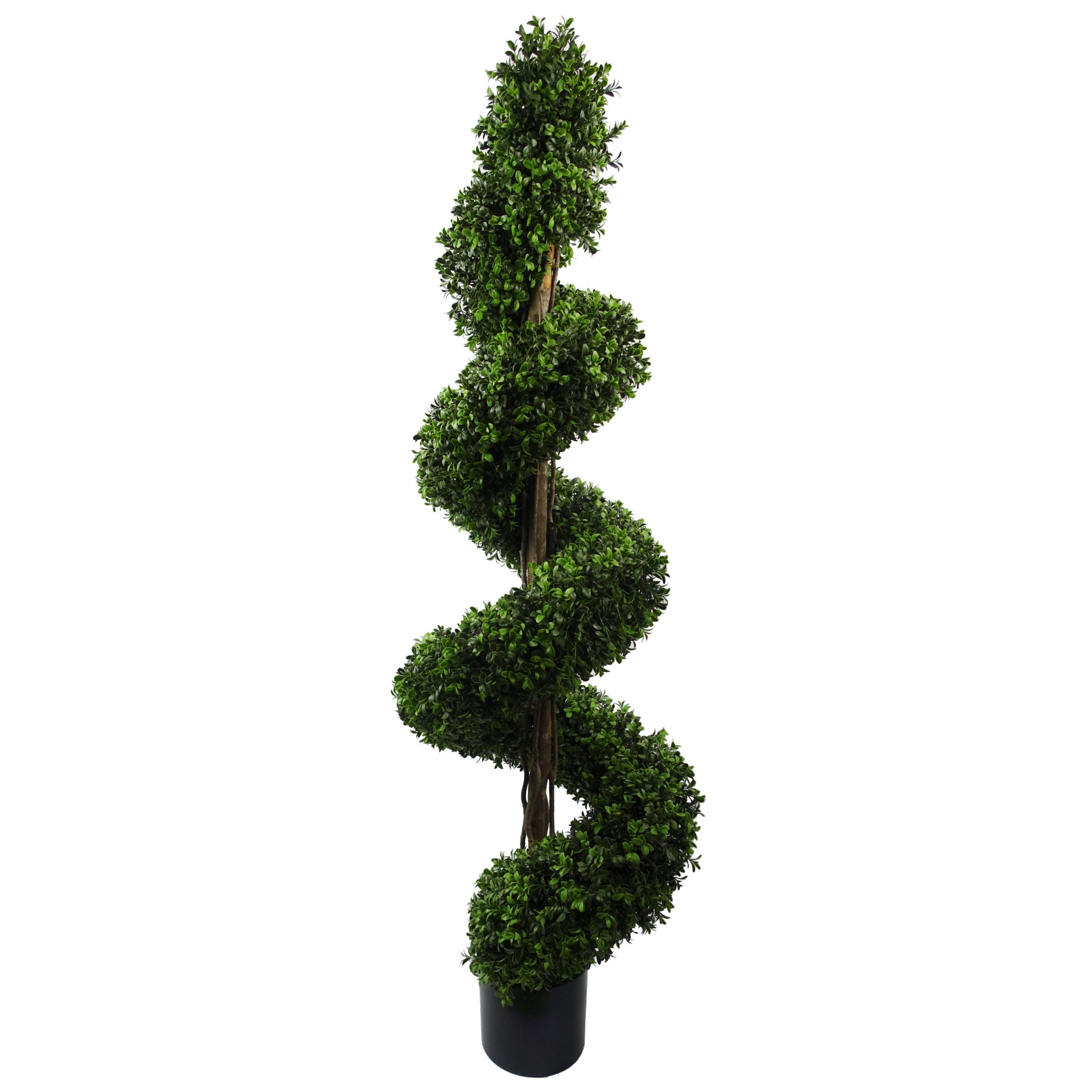 150cm tall spiral artificial tree with lush green buxus leaves, UV resistant, set in a black pot, perfect for outdoor decoration.