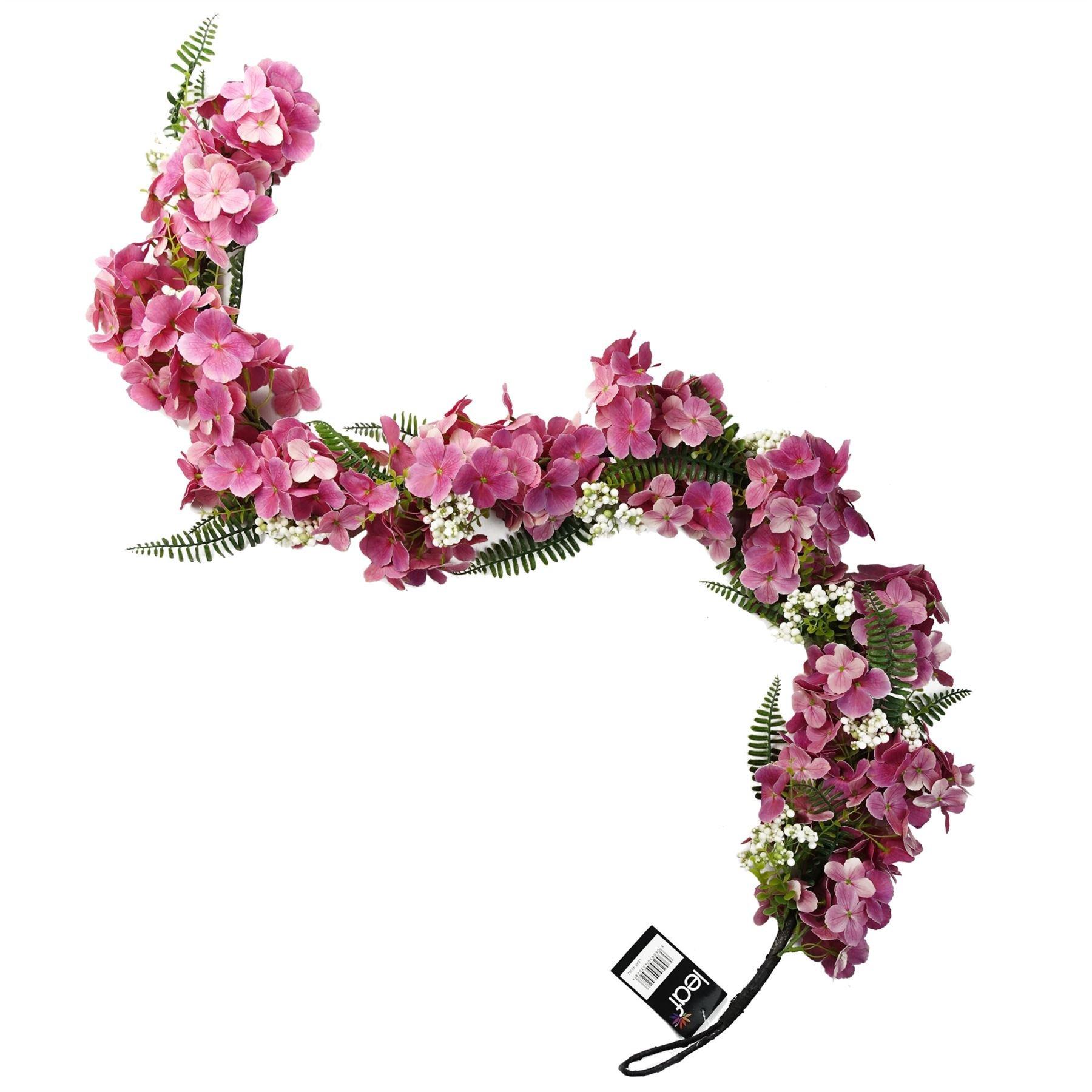 Artificial garland featuring trailing pink blossoms and green fern leaves, measuring 150 cm, ideal for home decor or event styling.
