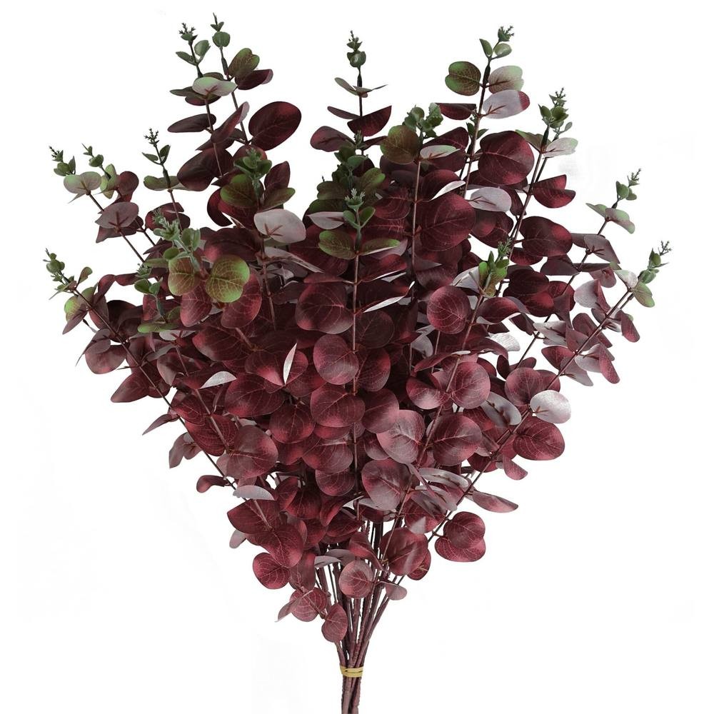 Pack of 6 artificial eucalyptus stems, each 100cm long, featuring burgundy leaves with green accents, made from durable synthetic material for a realistic appearance.