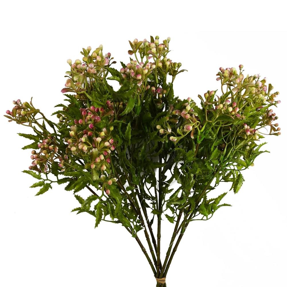 Pack of 6 artificial foliage stems featuring vibrant green leaves and clusters of delicate pink berries, each stem measuring 55cm in length.