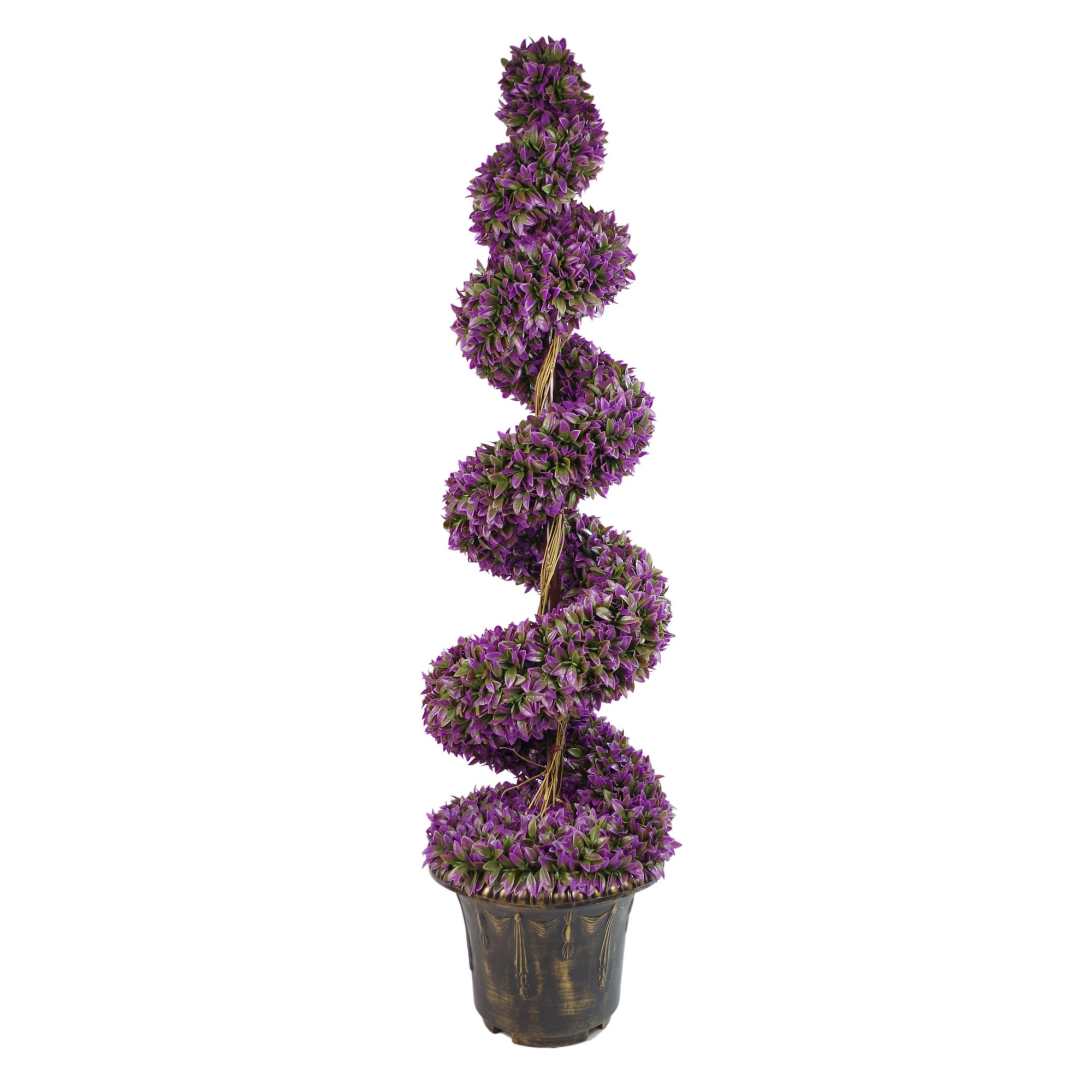 Large 120cm purple leaf spiral topiary in a decorative dark planter, featuring vibrant purple foliage arranged in a twisting, elegant design.