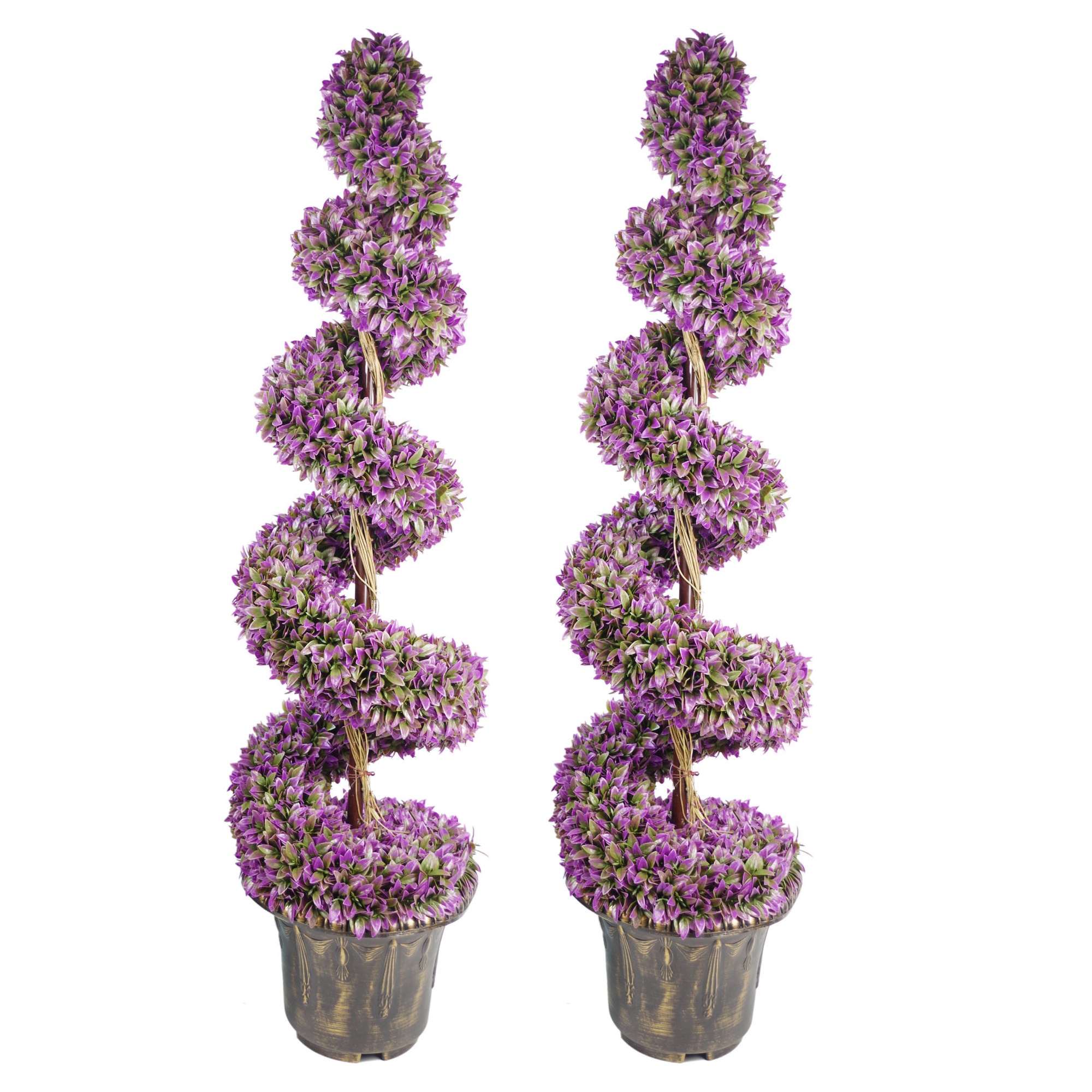 Tall, spiral-shaped artificial plant with large purple leaves, set in a decorative black planter, showcasing vibrant green accents and a textured finish.
