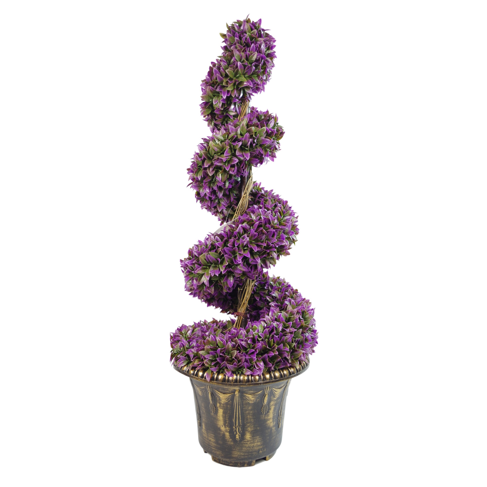 Large artificial Aglaonema tree with vibrant purple foliage, spiraled design, and a sleek silver metal planter, standing 100cm tall.