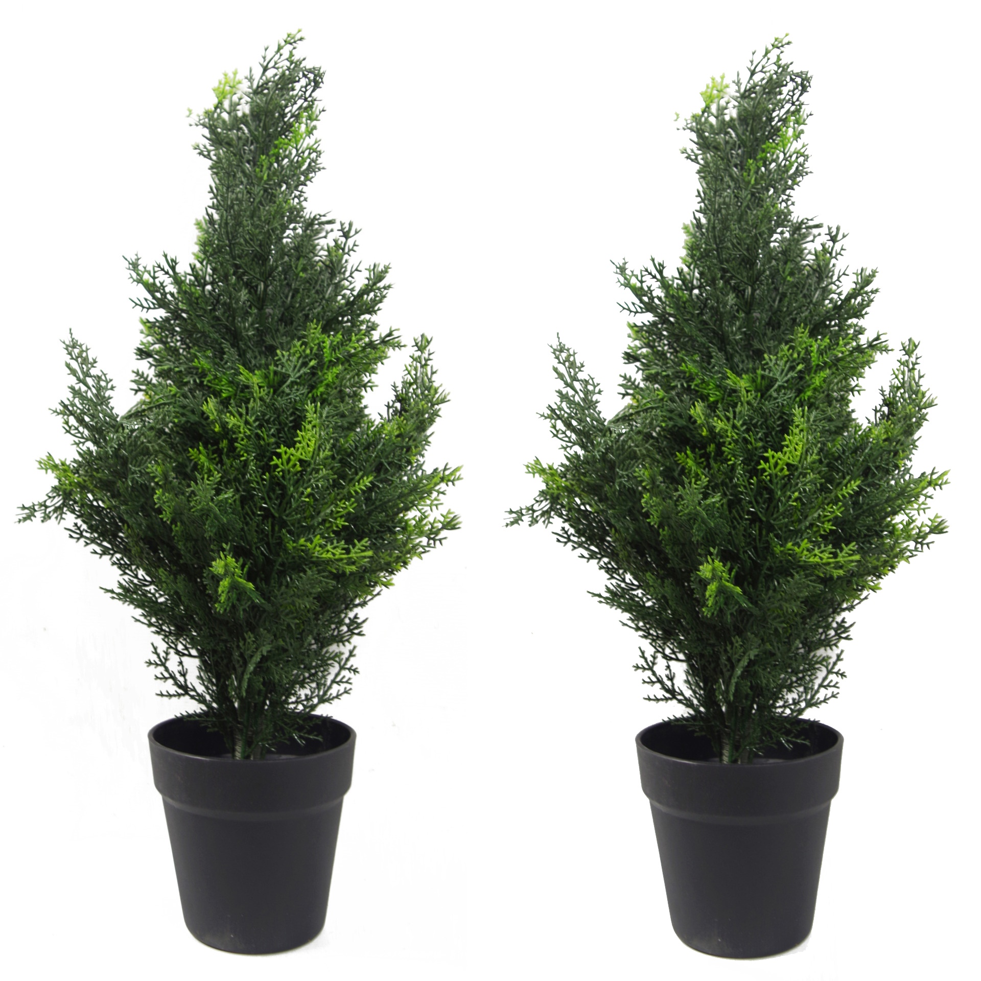 60cm artificial cedar cypress topiary in a black pot, featuring lush green foliage with a natural look, designed to be UV resistant for outdoor use.