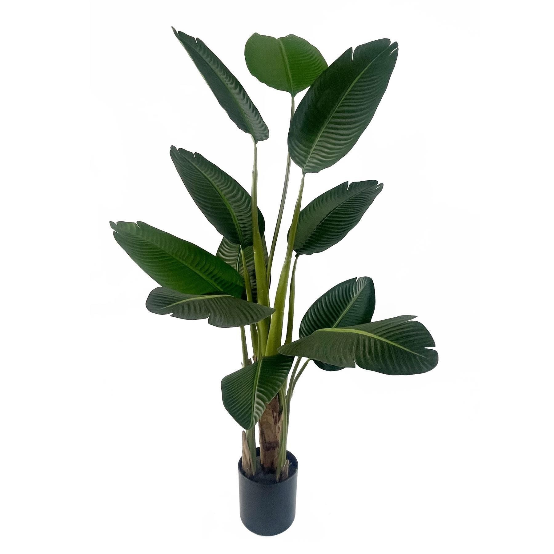 Tall, artificial banana palm tree with vibrant green leaves, featuring a realistic texture, set in a black pot, measuring 150 cm in height, ideal for indoor decor.
