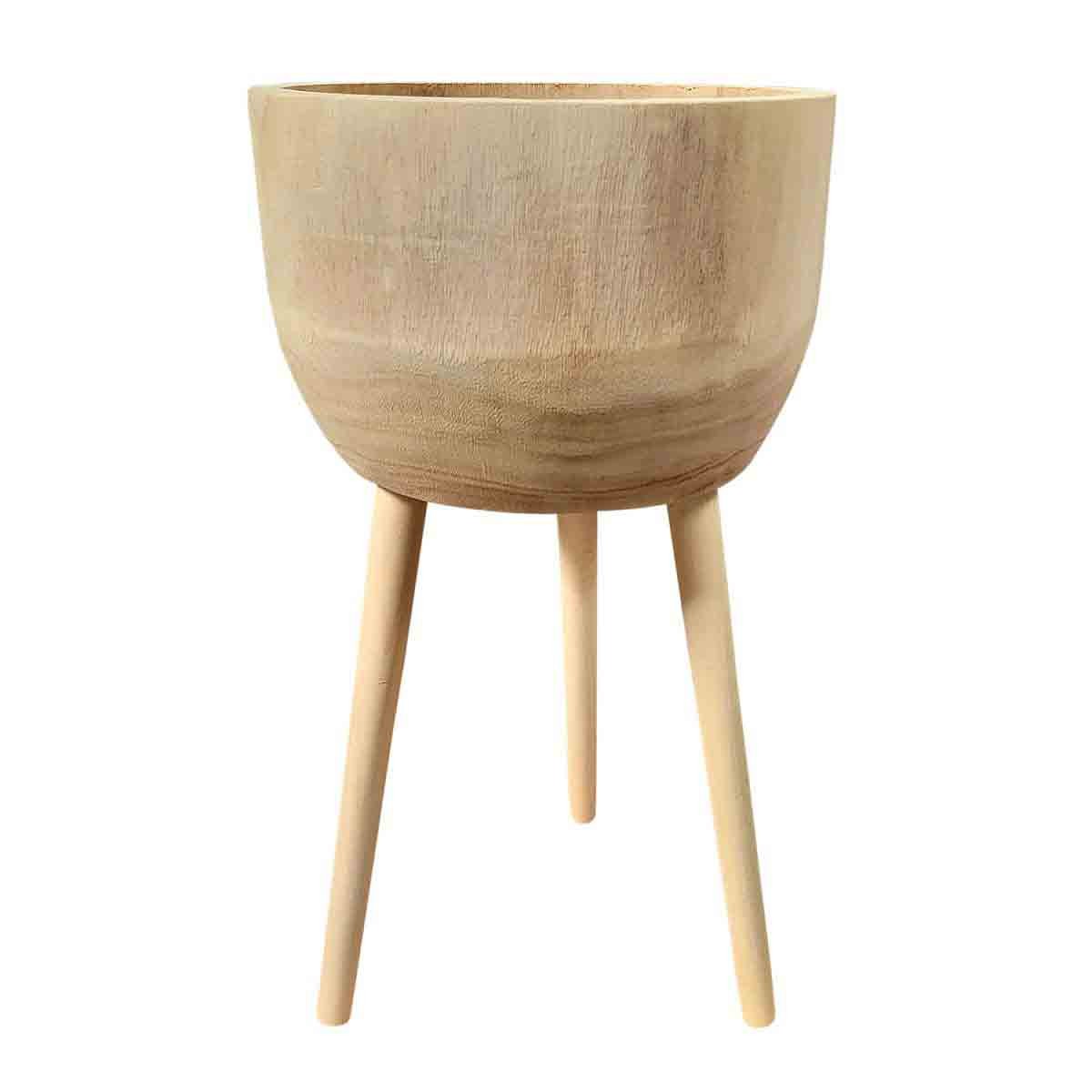 Large wooden planter stand with a round, smooth pot and three slender, light-colored legs, designed for indoor or outdoor use.