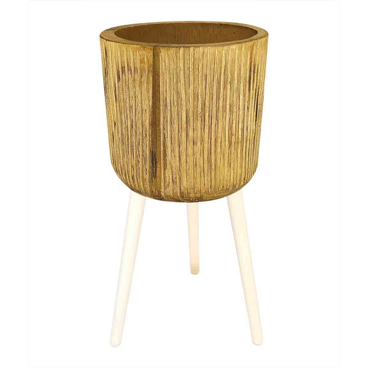 Ribbed brown wooden house planter with a waterproof liner, measuring D27 H60 cm, featuring a textured finish and supported by three white legs.