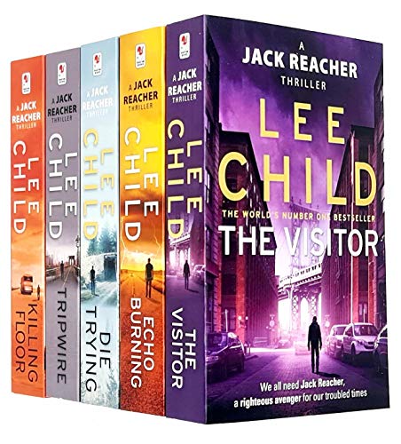 Five paperback books from the "Jack Reacher" series by Lee Child, featuring colorful covers with bold titles, arranged with "The Visitor" prominently displayed.