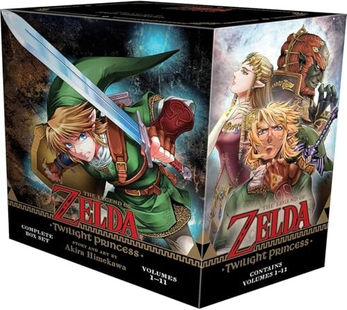 Complete box set of "The Legend of Zelda: Twilight Princess" by Akira Himekawa, featuring vibrant artwork of Link and Zelda, with a glossy black finish and gold accents.