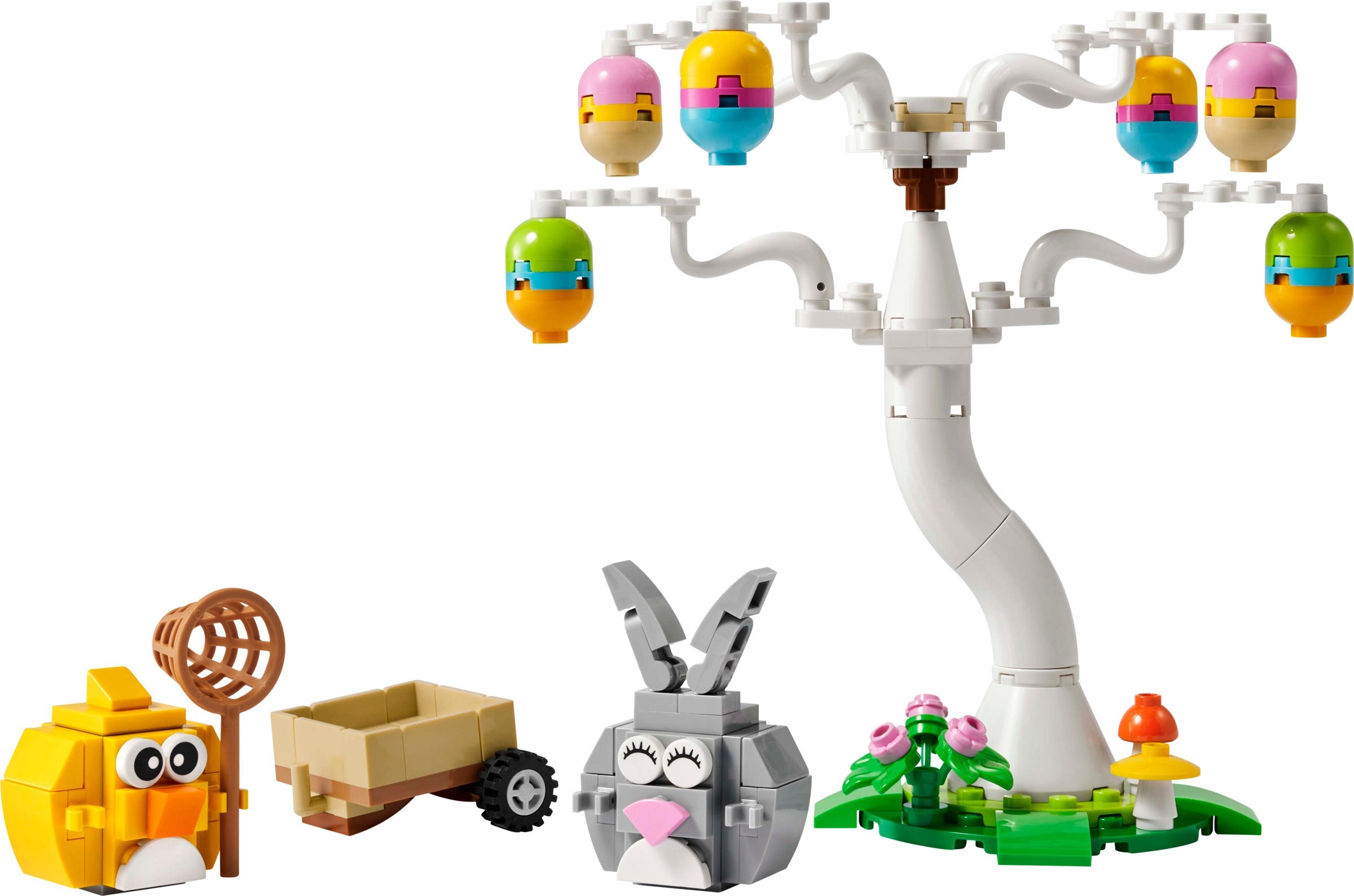 Colorful LEGO set featuring a white tree with pastel egg ornaments, a gray bunny, a yellow chick with a net, and a small cart with flowers and a mushroom.