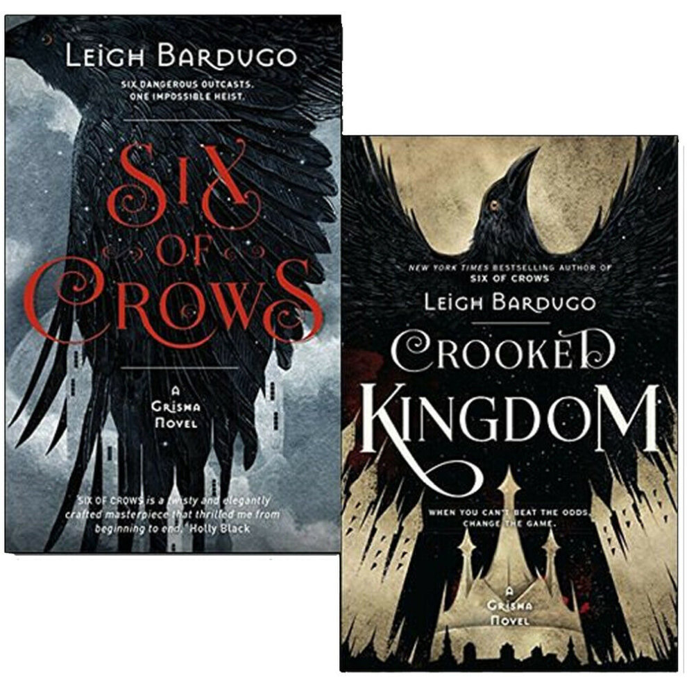 Two paperback books from the "Six of Crows" series by Leigh Bardugo, featuring dark covers with striking red and black designs, showcasing a crow and bold typography.