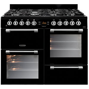 Black 100cm Leisure Cookmaster Dual Fuel Range Cooker featuring a gas hob with multiple burners, two glass-fronted ovens, and stainless steel handles.