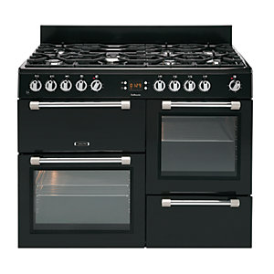 Leisure Cookmaster Dual Fuel Range Cooker in black, 110cm wide, featuring a gas hob with multiple burners, two glass-fronted ovens, and stainless steel handles.