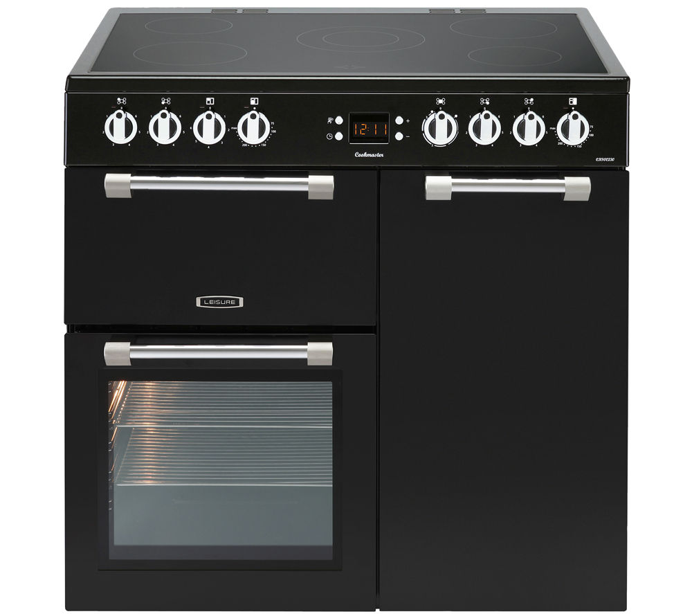 Black ceramic range cooker with a 90cm width, featuring four control knobs, two ovens with glass doors, and a sleek, modern design.