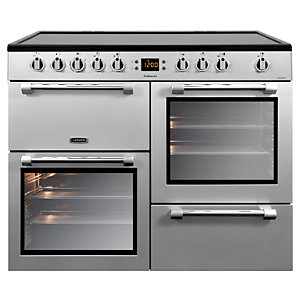 Silver 100cm Leisure Cookmaster Electric Range Cooker features a sleek design with multiple knobs, two ovens, a glass front, and a digital display.