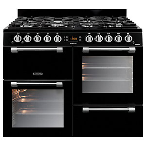 Black 100cm Leisure Cookmaster gas range cooker featuring five gas burners, dual ovens with glass doors, and stainless steel knobs for precise control.