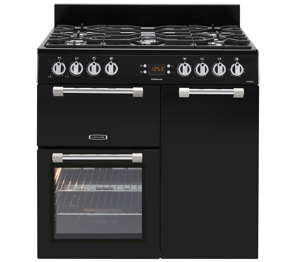 Leisure CK90G232K 90cm wide black gas range cooker featuring five burners, two ovens with glass doors, and stainless steel handles.