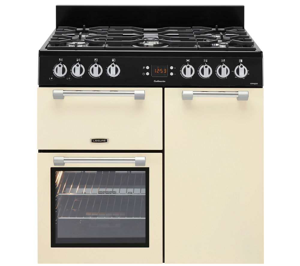 Cream-colored Leisure CK90G232C 90cm gas range cooker featuring a black control panel, six burners, two ovens, and stainless steel handles.
