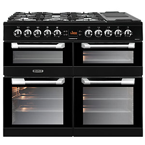 Leisure Cuisinemaster Dual Fuel Range Cooker in sleek black, featuring five gas burners, stainless steel knobs, and two spacious ovens with glass doors.
