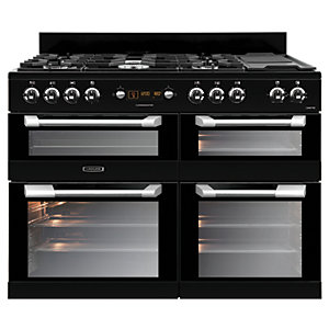 Leisure Cuisinemaster Dual Fuel Range Cooker in sleek black, 110cm wide, featuring five gas burners, dual ovens with glass doors, and chrome knobs for easy control.
