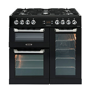 Leisure CS90F530K 90cm wide dual fuel range cooker in black, featuring five gas burners, dual ovens with glass doors, and stainless steel knobs and handles.