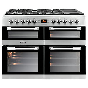 Stainless steel 100cm Leisure Cuisinemaster dual fuel range cooker with five gas burners, a griddle, and two large black glass ovens featuring stainless steel handles and digital display.