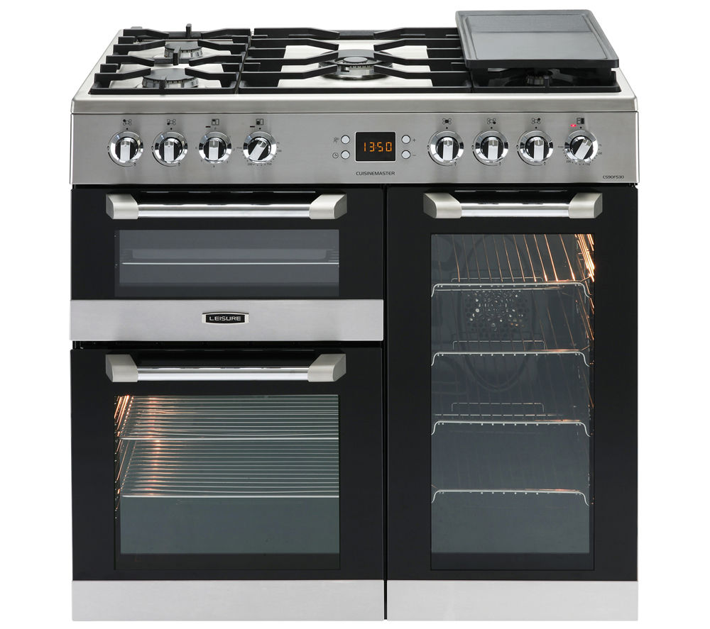 Leisure CS90F530X 90cm dual fuel range cooker featuring stainless steel finish, five gas burners, two ovens with glass doors, and a sleek control panel.