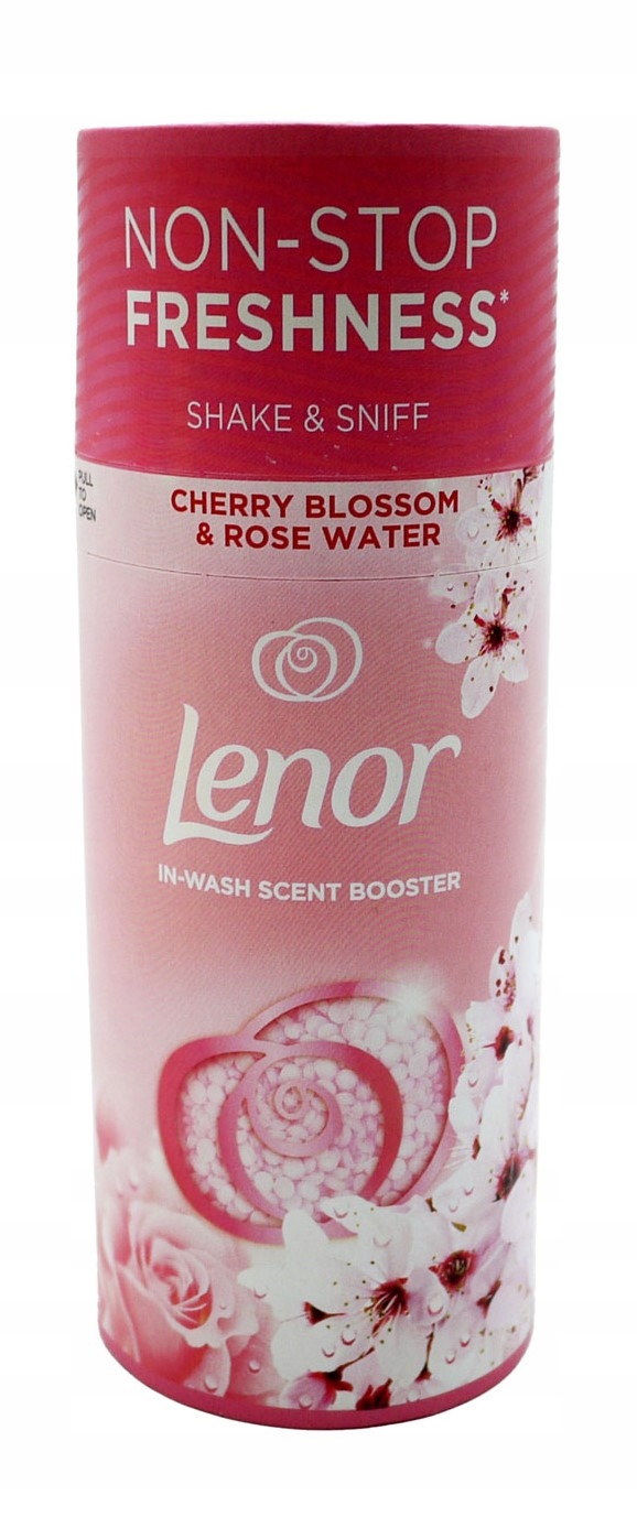 Pink cylindrical container of Lenor in-Wash Scent Booster featuring cherry blossom and rose water scent, with floral designs and the brand logo prominently displayed.