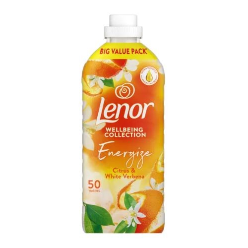 Bright orange bottle of Lenor Fabric Conditioner with a white label, featuring citrus and white verbena imagery, labeled as "Energize" and "Big Value Pack" for 50 washes.