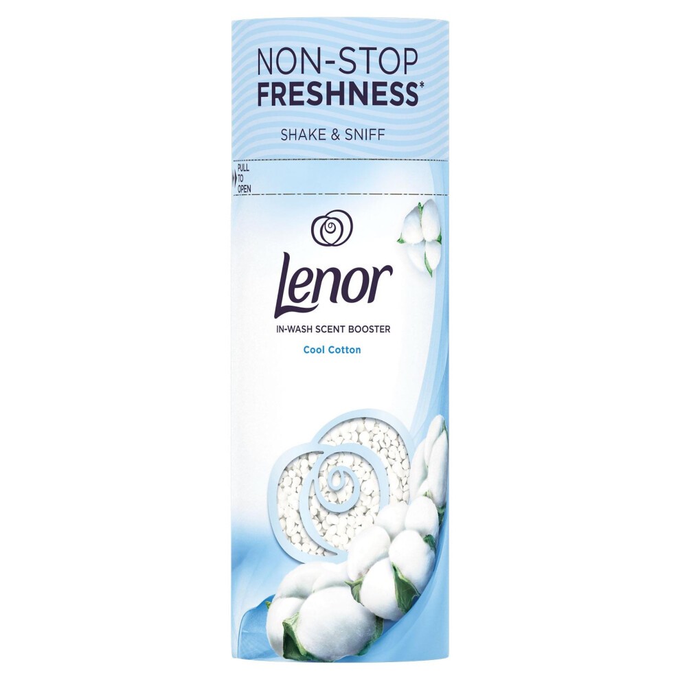 Lenor in-Wash Scent Booster Cool Cotton features a light blue packaging with white cotton flower imagery and a swirl design, emphasizing freshness and scent enhancement.