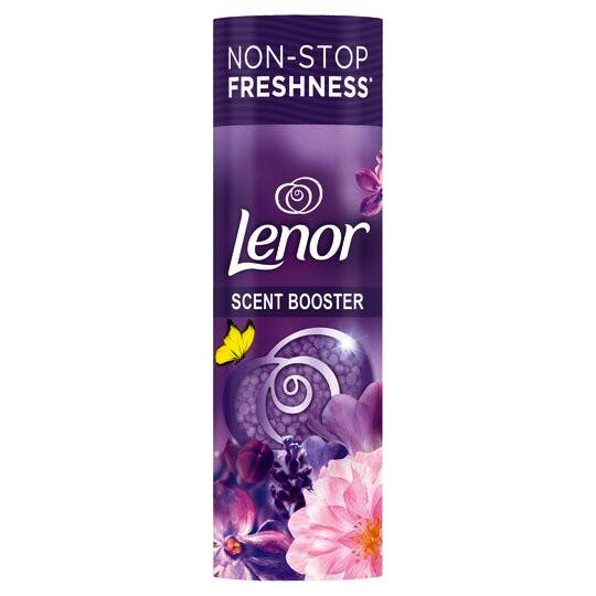 Purple cylindrical container of Lenor Laundry Perfume in-Wash Scent Booster Beads, featuring floral designs and the text "Non-Stop Freshness" and "Scent Booster."