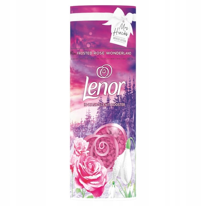 Lenor Hinch Scent Beads in Frosted Rose Wonderland, featuring a pink and purple cylindrical container adorned with roses and a bow, designed for enhancing laundry fragrance.