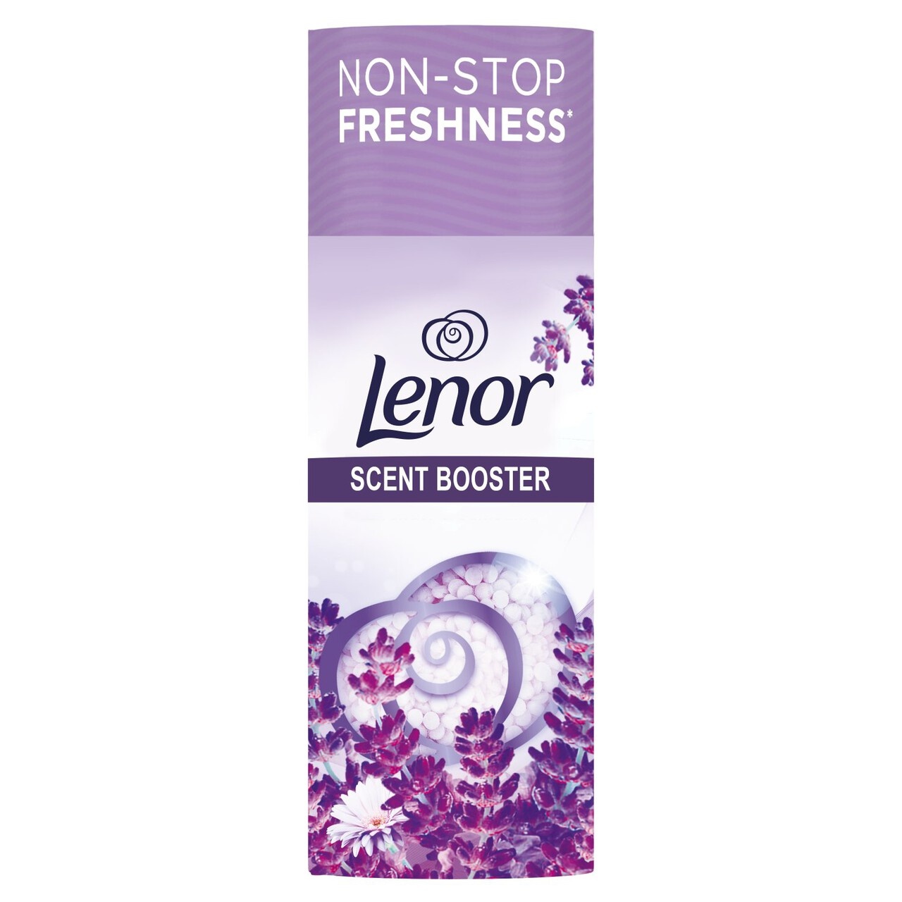 Purple packaging featuring lavender and chamomile flowers, with the text "Lenor Scent Booster" and "Non-Stop Freshness" prominently displayed.