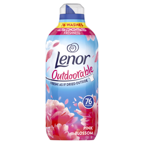 Lenor Outdoorable Fabric Softener in a vibrant pink bottle, featuring floral designs and a blue gradient, labeled "Pink Blossom" for 76 washes.