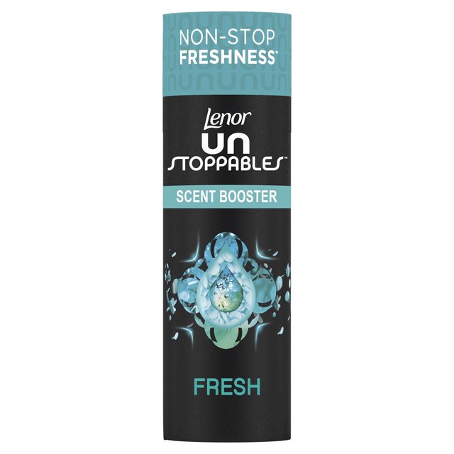 Lenor Unstoppables Fresh Scent Booster in a cylindrical container, featuring a turquoise and black design with "Non-Stop Freshness" text and a graphic of a water droplet.