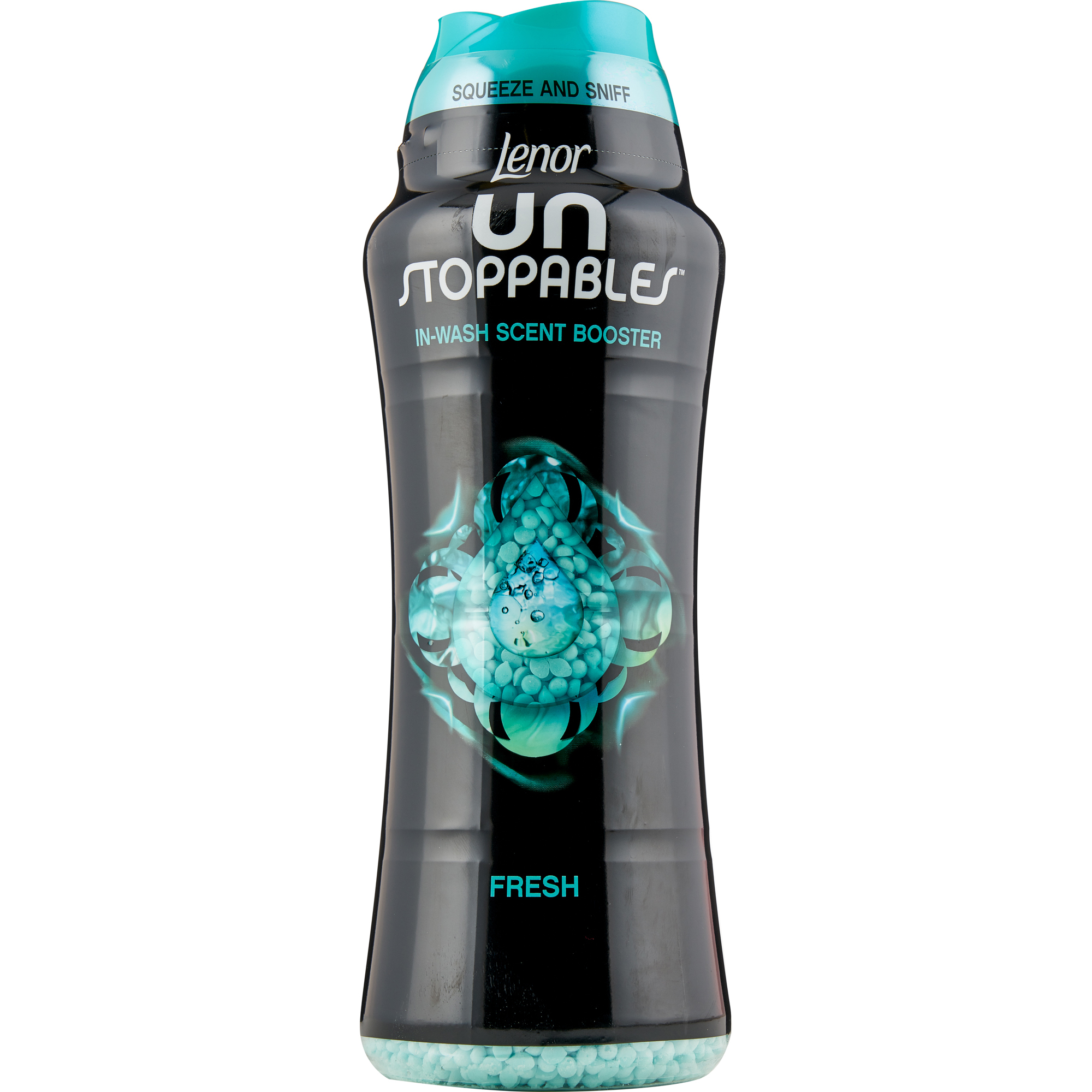 Black bottle with a teal cap, featuring a label that reads "Lenor Unstoppables Fresh" and showcasing turquoise scent booster beads inside.