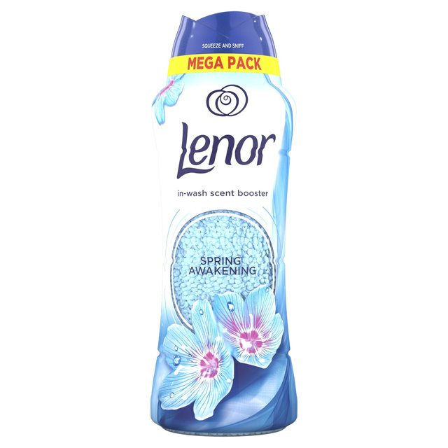 Lenor Spring Awakening scent booster beads in a blue plastic bottle, featuring floral designs and a yellow "MEGA PACK" label, suitable for 42 washes.
