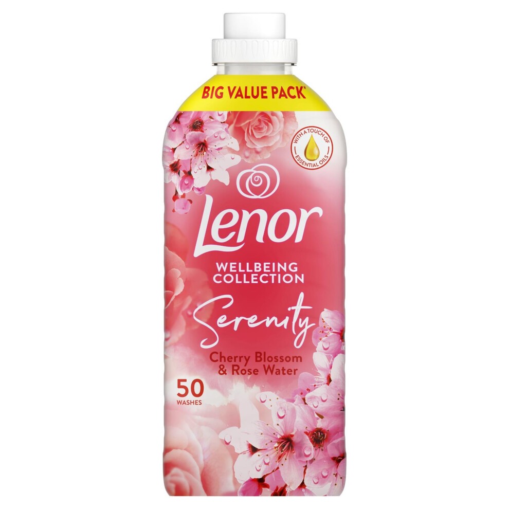 Pink plastic bottle of Lenor Fabric Conditioner featuring Cherry Blossom & Rose Water, labeled "Big Value Pack" with a capacity of 1650 ml, designed for 50 washes.