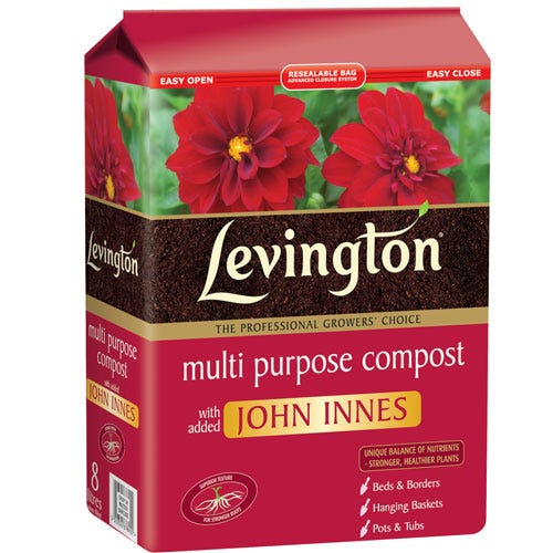 Red and brown resealable bag of Levington Peat Free Multi-Purpose Compost, featuring bold text and a vibrant flower graphic, designed for various gardening uses.