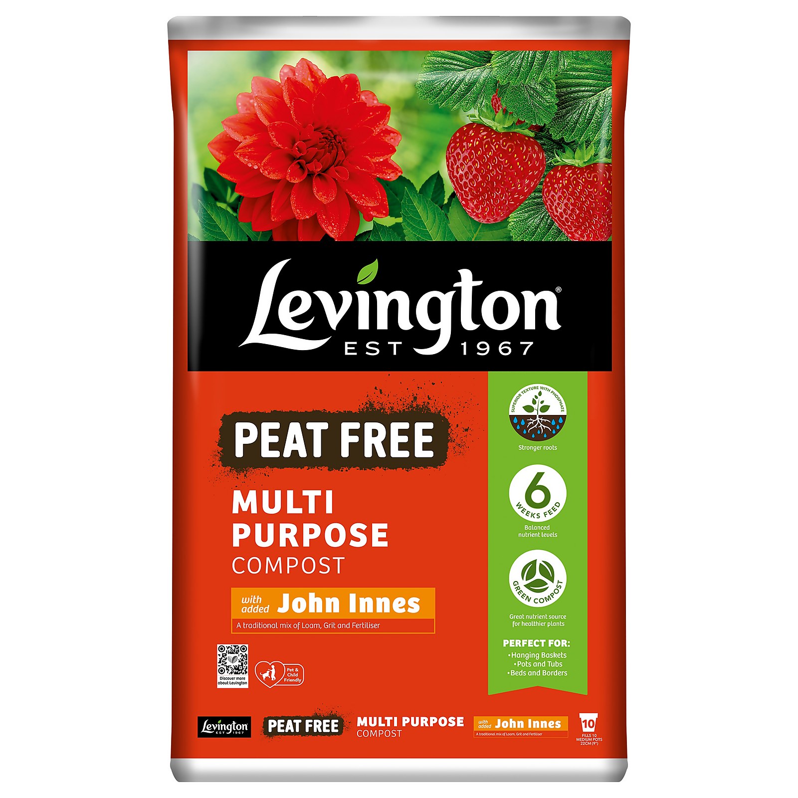 Levington Multi Purpose Peat Free Compost bag, 50L, featuring a vibrant red flower and strawberries, with a bold orange and green design highlighting its peat-free formula.