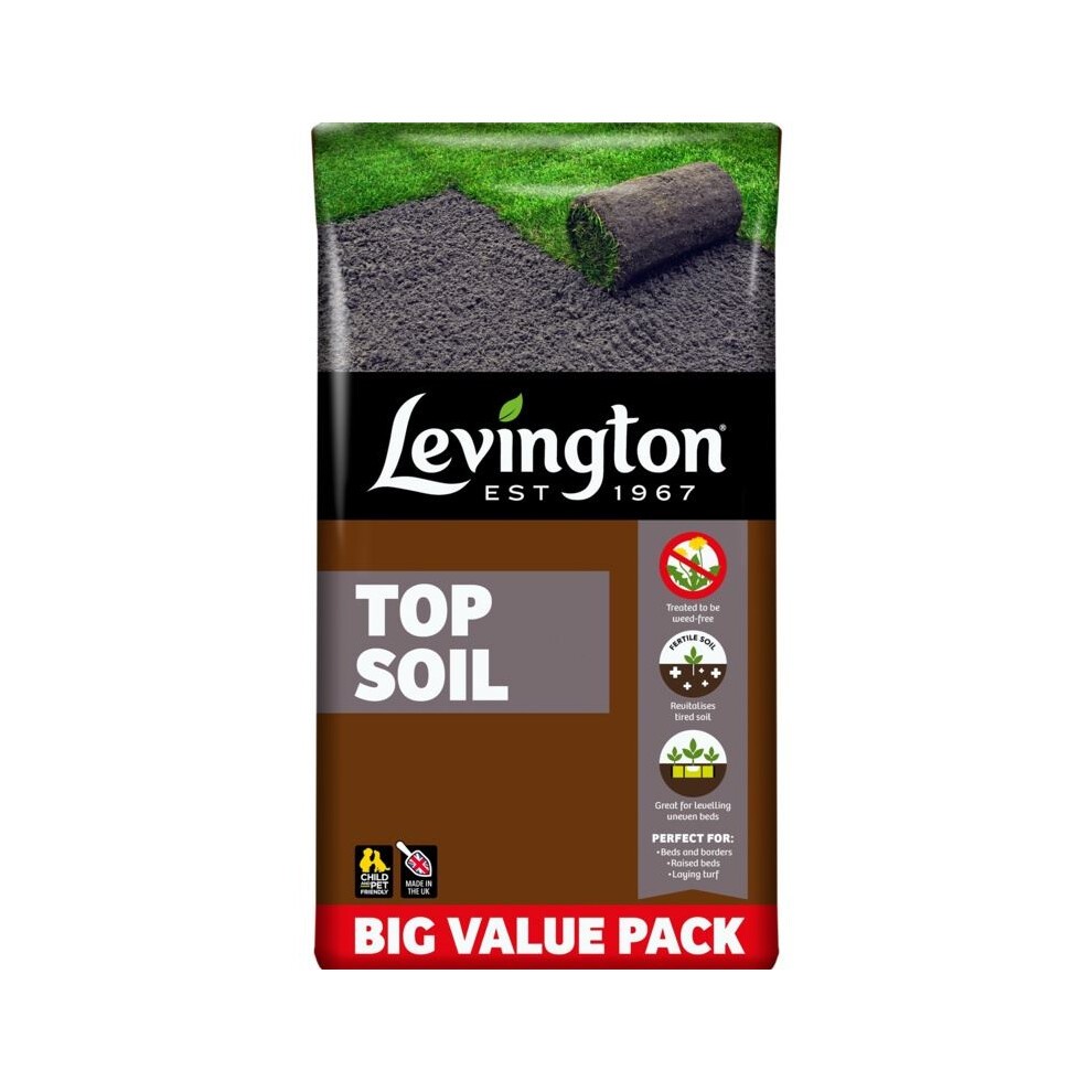 Levington Top Soil 30L bag features a brown and black design with a logo, product name in white, and a graphic of grass and soil, labeled as a big value pack.