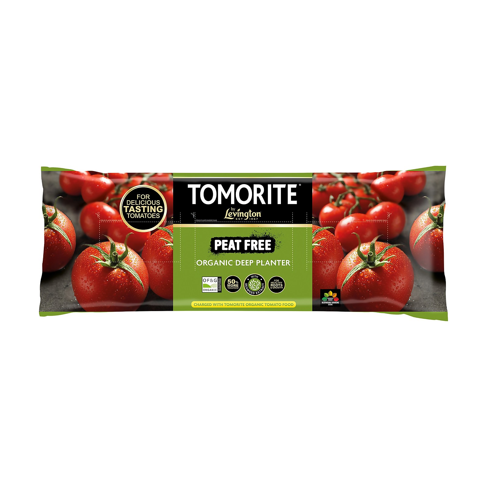 Green and black bag of Levington Tomorite Organic Peat Free Compost, featuring vibrant red tomatoes on the front, labeled as 42L and designed for organic deep planting.
