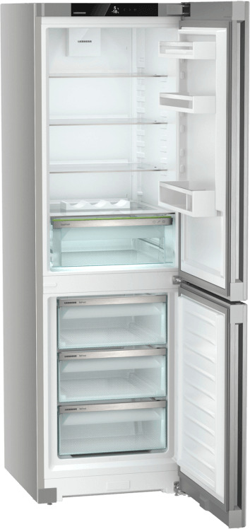 Stainless steel Liebherr CNSFD5203 fridge freezer with a 60/40 split, featuring a spacious 269L capacity, No Frost technology, adjustable shelves, and transparent drawers.