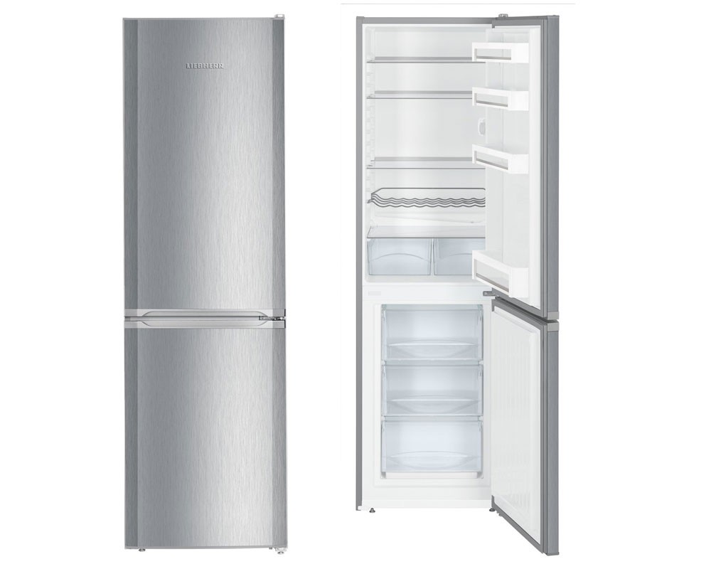 Silver Liebherr CUELE3331 fridge freezer, 181cm high and 55cm wide, featuring a sleek stainless steel finish, spacious interior with glass shelves, and transparent storage drawers.