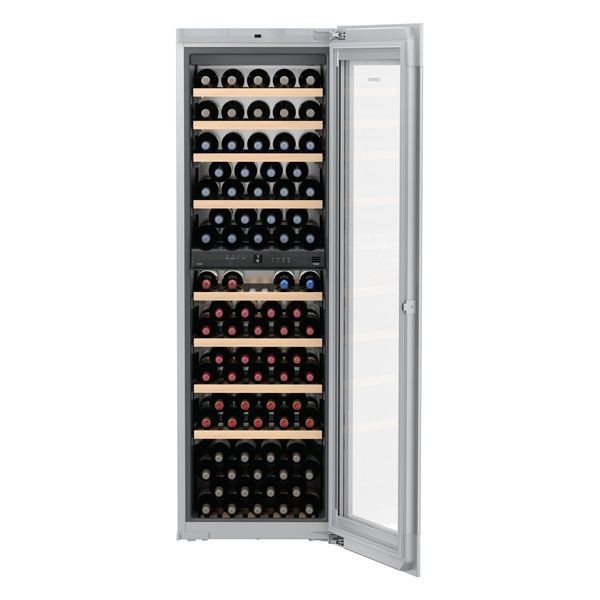 Built-in wine cabinet with a sleek stainless steel frame, glass door, and wooden shelves, holding 83 bottles in two temperature zones for optimal wine storage.