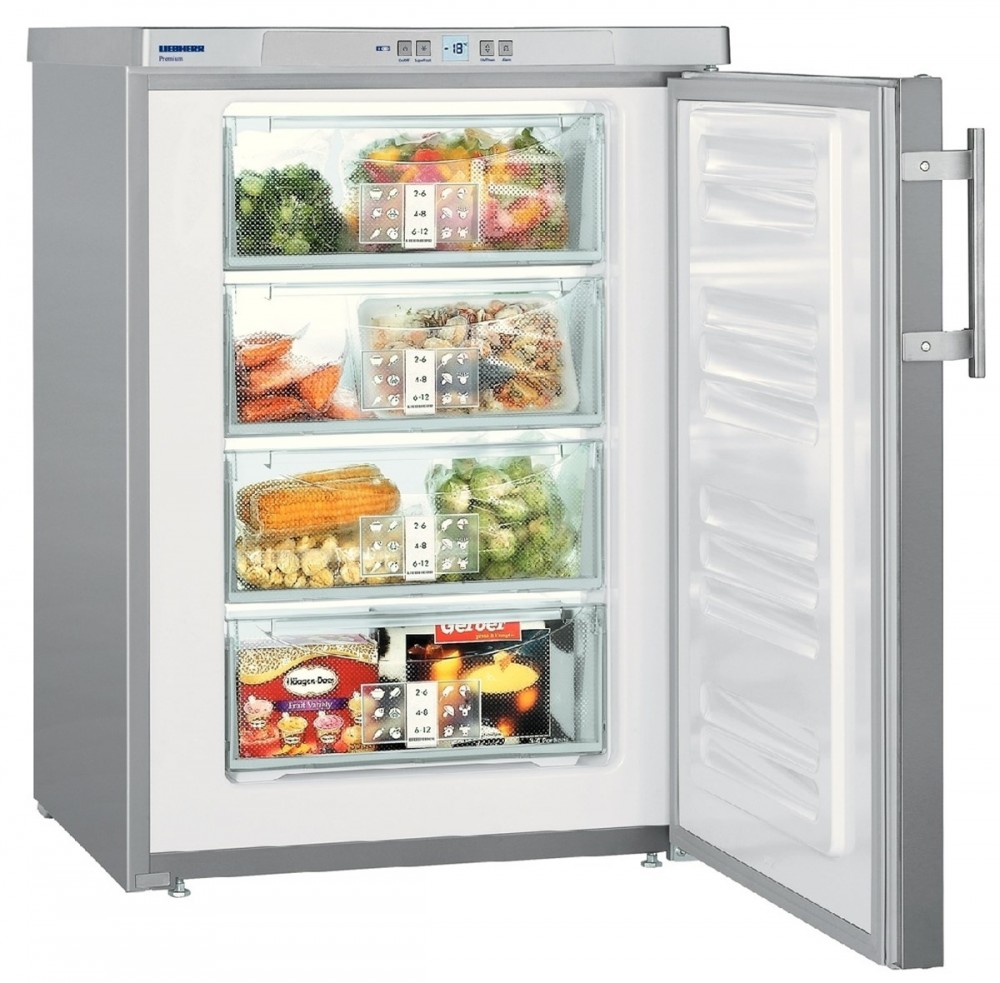 Stainless steel under counter freezer with a sleek design, featuring a transparent front, four drawers filled with frozen food, and an electronic control panel on top.