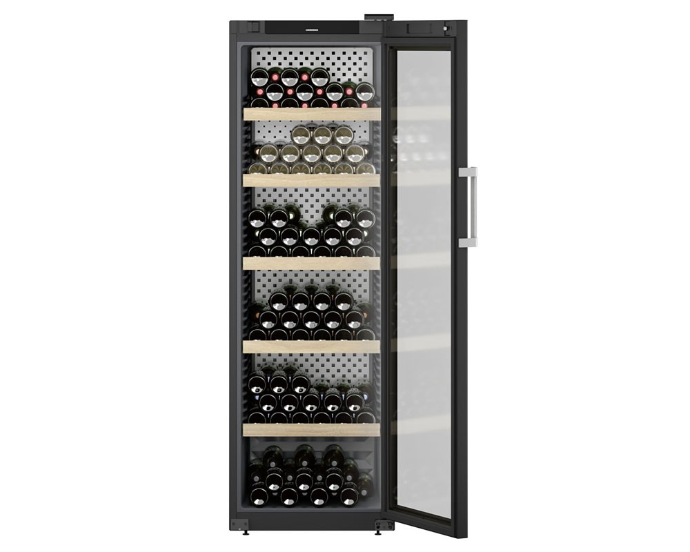 Freestanding black wine fridge with a glass door, wooden shelves, and capacity for 229 bottles, showcasing a sleek design and efficient cooling features.