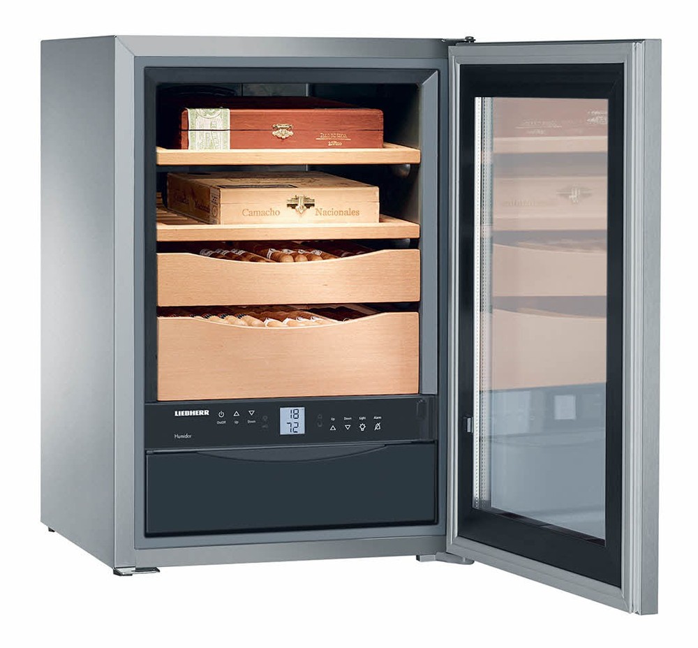Liebherr Humidor ZKES453 features a sleek silver exterior, glass door, wooden shelves, and a digital display showing temperature and humidity settings, ideal for cigar storage.